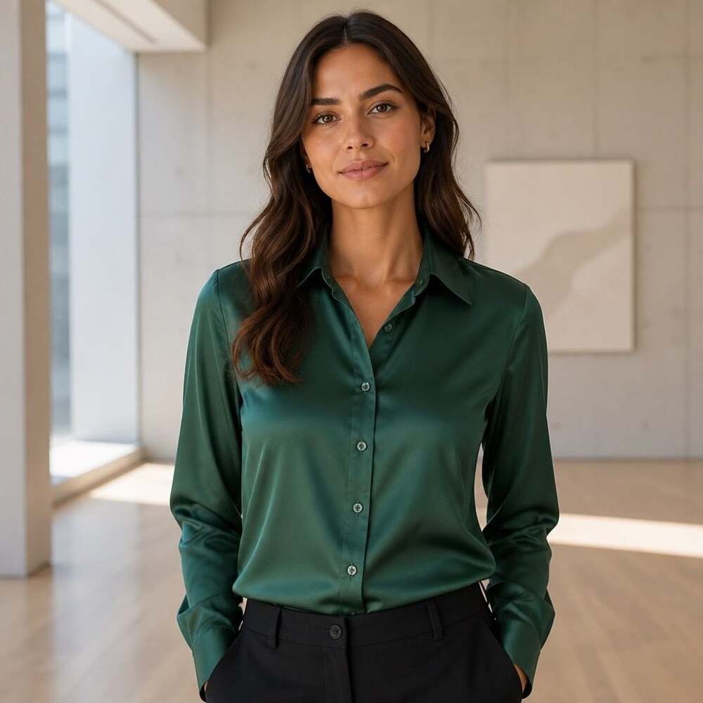 J.VER Women's Green Long Sleeve Satin Button-Down Shirt Size S
